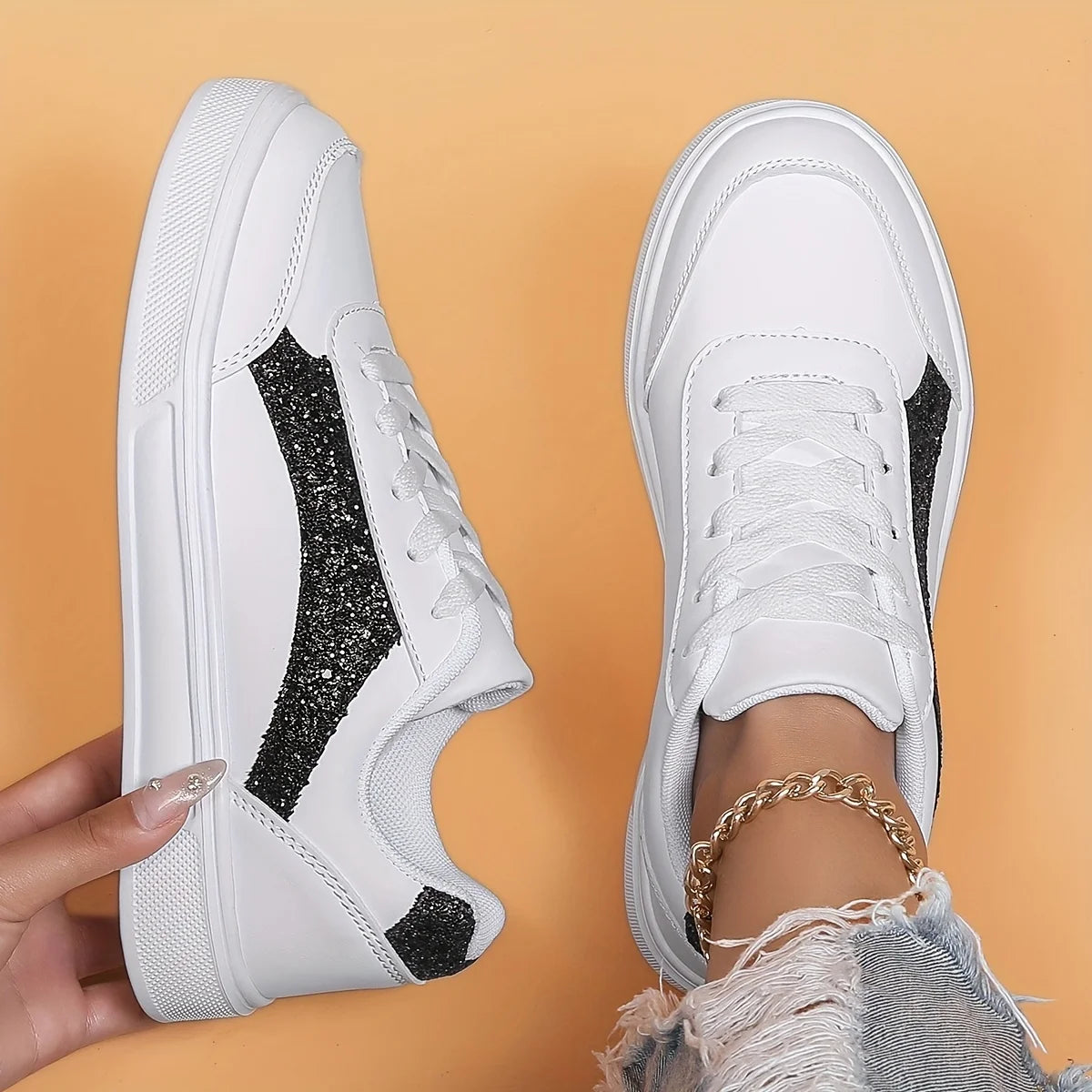 Women's Low-top Casual Sneakers, Sequin Trendy Lightweight Flat Shoes/Breathable Upper Comfortable Fashionable