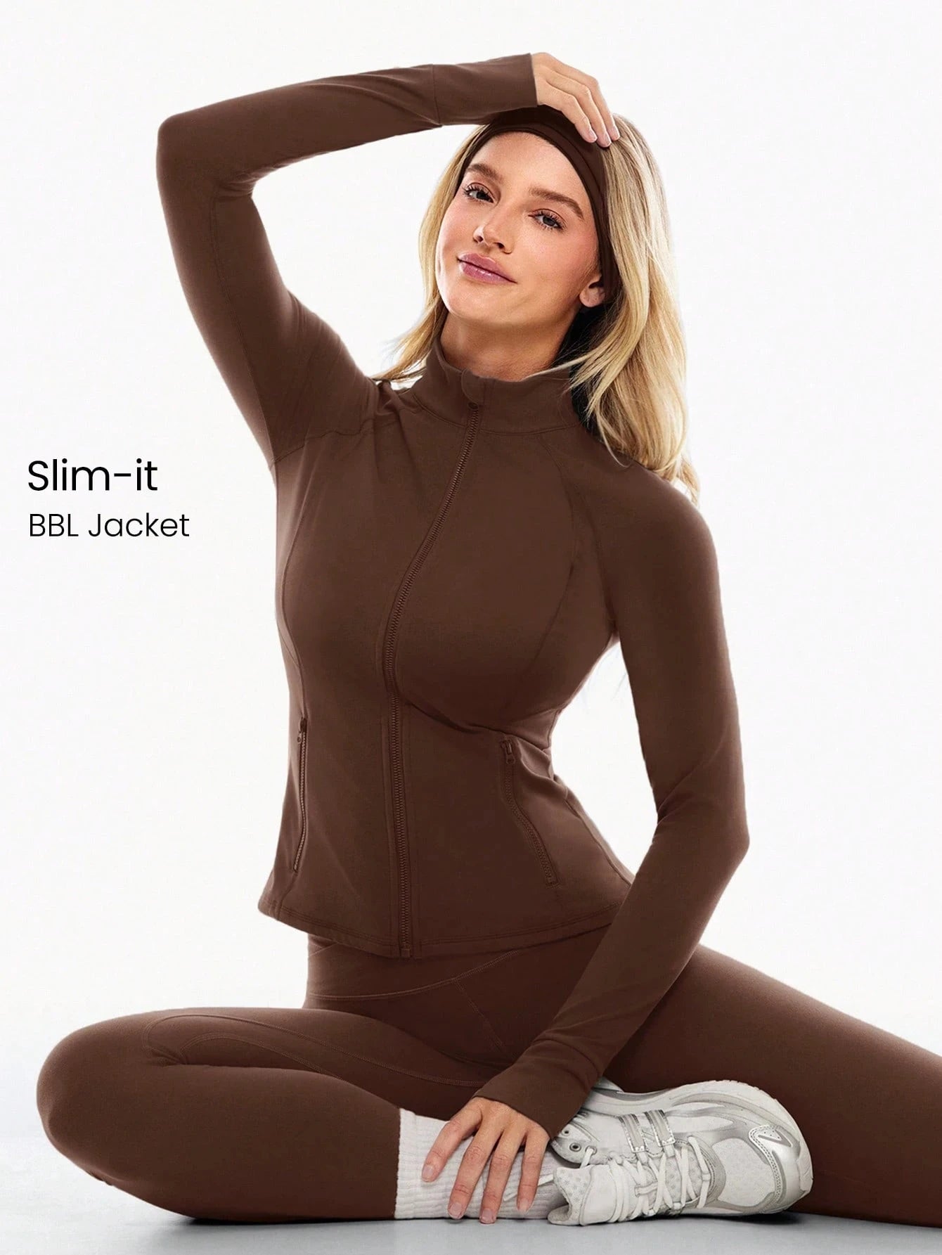 Women's slim-fit full-zip sports jacket elastic breathable sports jacket/with thumb holes long-sleeve slim sports jacket