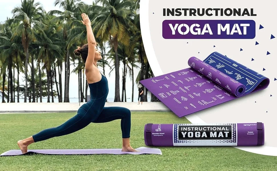 Instructional Yoga Mat with Poses Printed On It & Carrying Strap/75 Illustrated Yoga Poses & 75 Stretches