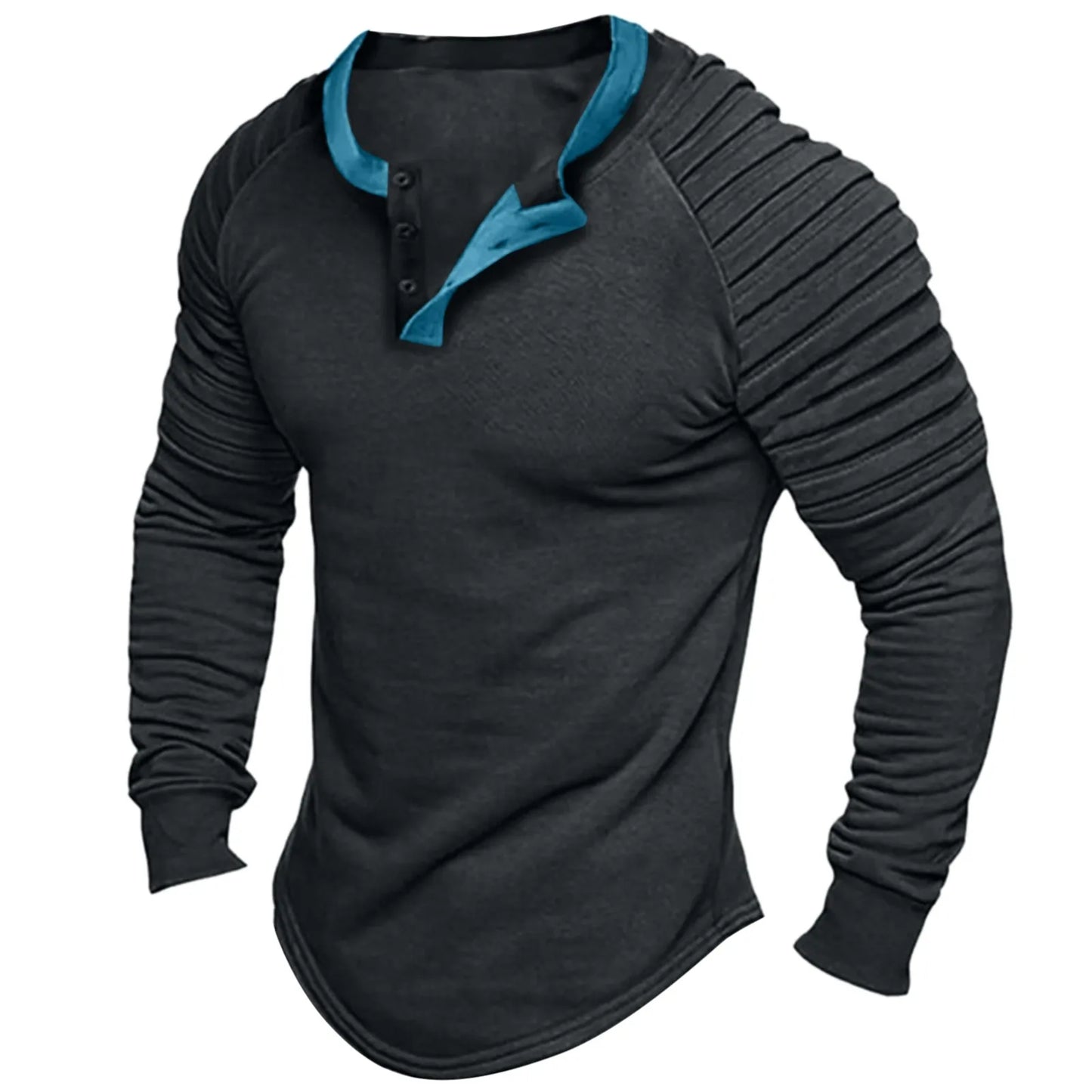 Men's Ruched Long Sleeve T-Shirts Sport Casual Half Button/Round Neck Pullovers Tops Vintage Loose Leisure Slim Clothing