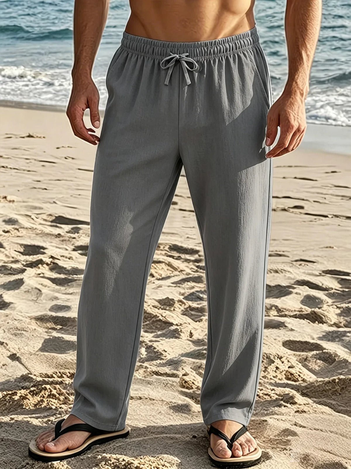 Men's Casual Wide Leg Pants Elastic Waist Drawstring Loose Straight Trousers/with Pockets Lightweight for Beach Vacation Daily Wear