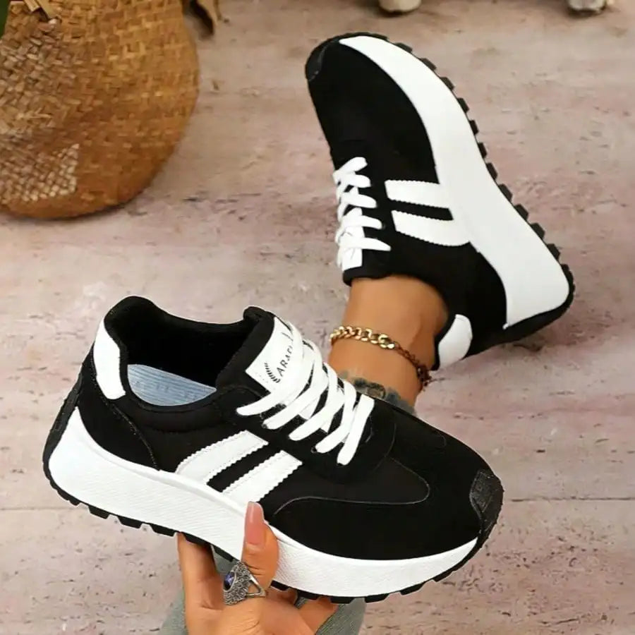 Women 3 Stripes Retro Platform Sneakers Lightweight Walking Shoes Suede Patchwork Low Top Lace Up Athletic Trainers