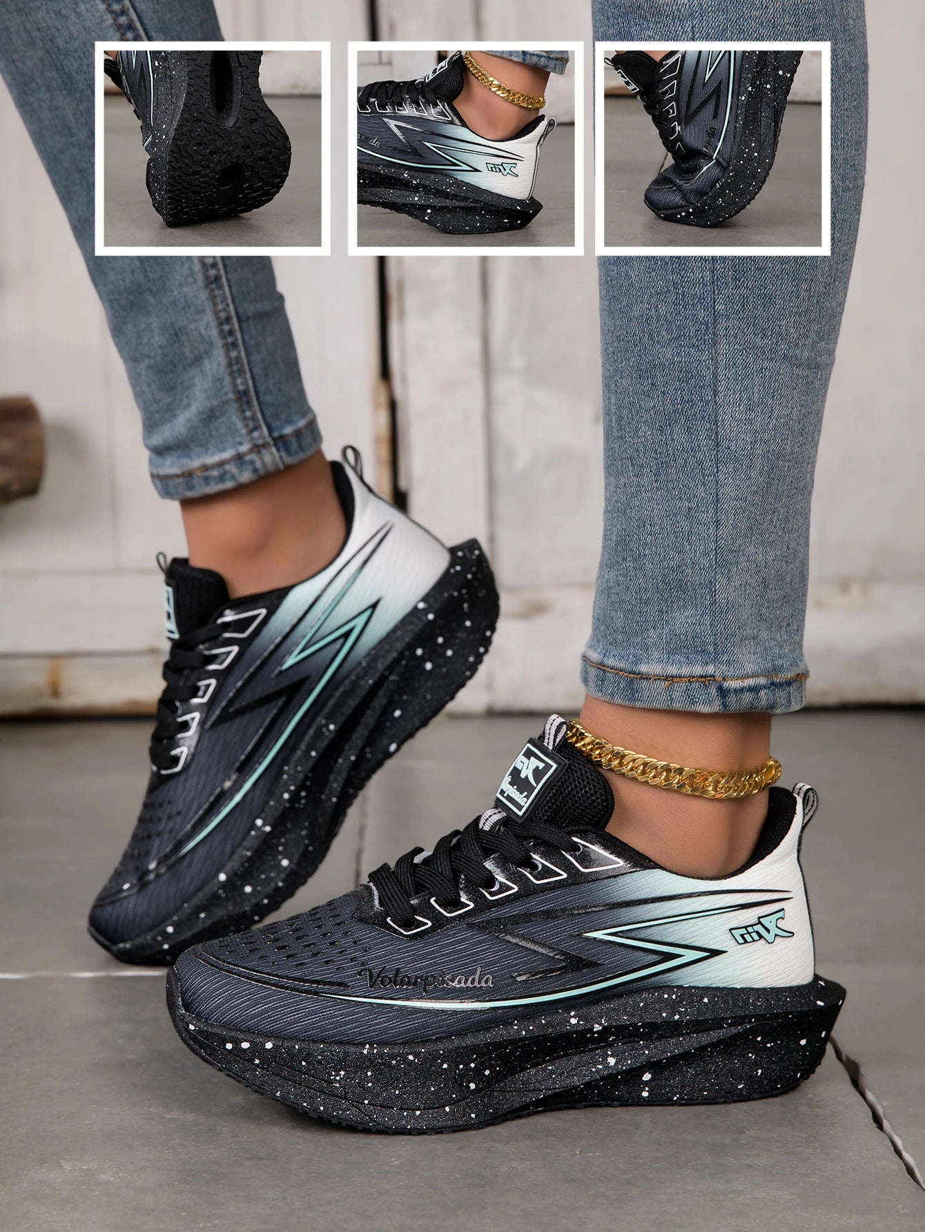 Women Gradient Lightning Print Running Sneakers Breathable/Flying Weave Mesh Light Cushion Non Slip Shock Absorb Athletic Shoes