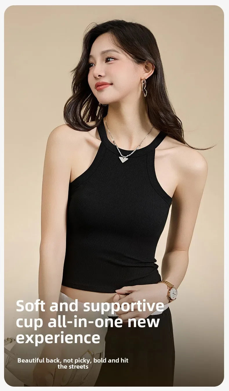 Threaded Halter Neck Camisole Top With Build-in Bra High Elastic/Slim-fitting Sling Fixed Cup Breathable Women Tank top