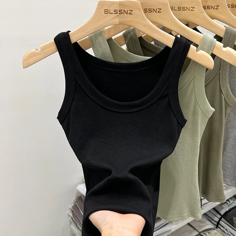 zjaiss Women Solid Round Neck Ribbed Tank Top Camisole Women/Summer Basic Elastic Tank Top O Neck Solid Tank Top