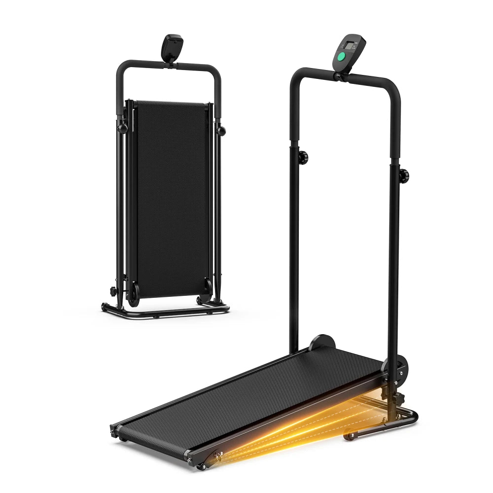 Akluer Non-Motorized Foldable Workout Treadmill/Dual Flywheel with Fixed Incline, LCD Monitor, Slip-Resistant Belt & Comfort Foam Grips