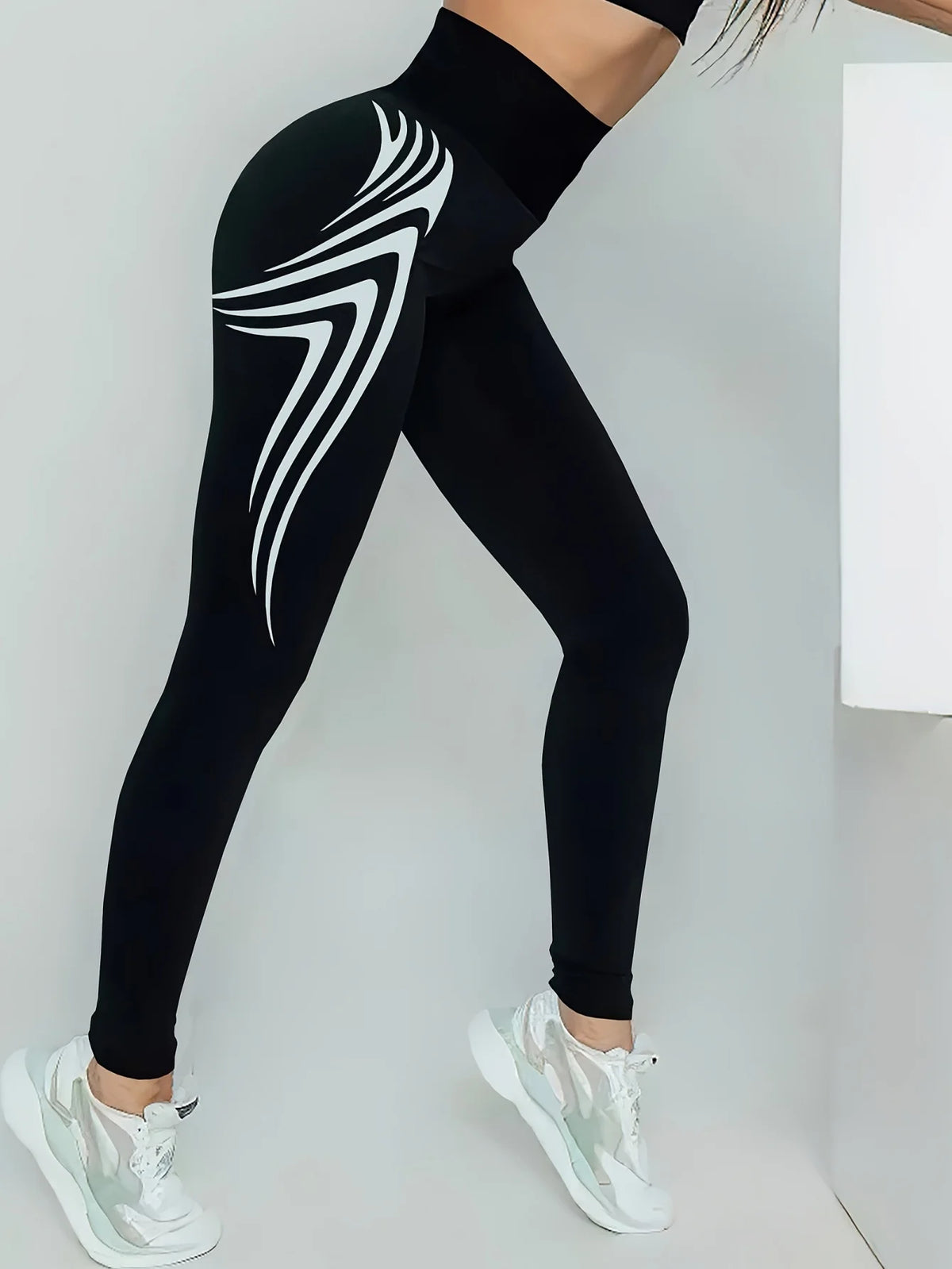 Yoga Pants, Women's High‑Waist Black With Silver Curved Stripe Print/Stretch Leggings Buttery‑Soft Full‑Length Gym Workout Leggings