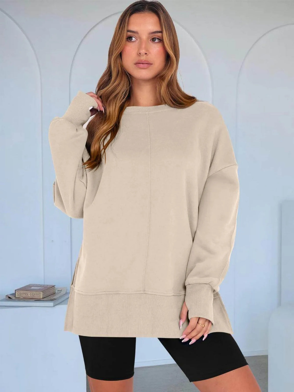 Women Crew Neck Long Sleeve Drop Shoulder Side Slit/Loose Oversized Sweatshirt Casual Daily Going Out Top