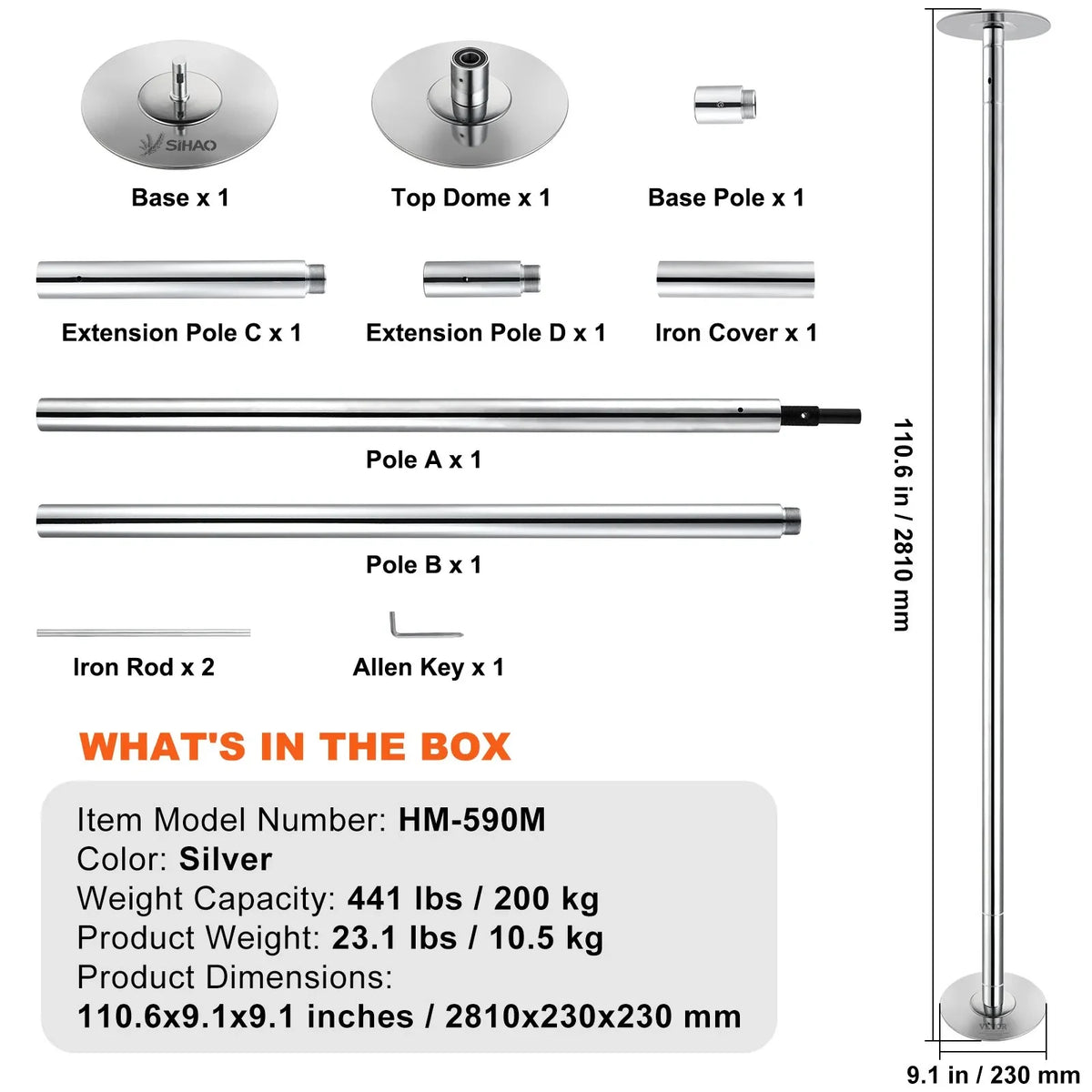 SIHAO Stainless Steel Dance Pole Kit Height Adjustable Spinning & Static Pole/Portable Dance Fitness Equipment for Home