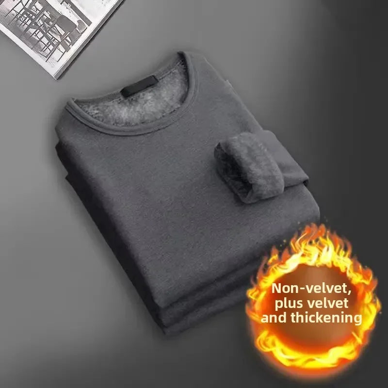 Men's Long Sleeve Thermal Underwear Fleece Lined Thick T-Shirt/round Neck Slim Fit Base Shirt Pure Color Inner Wear Autumn Top