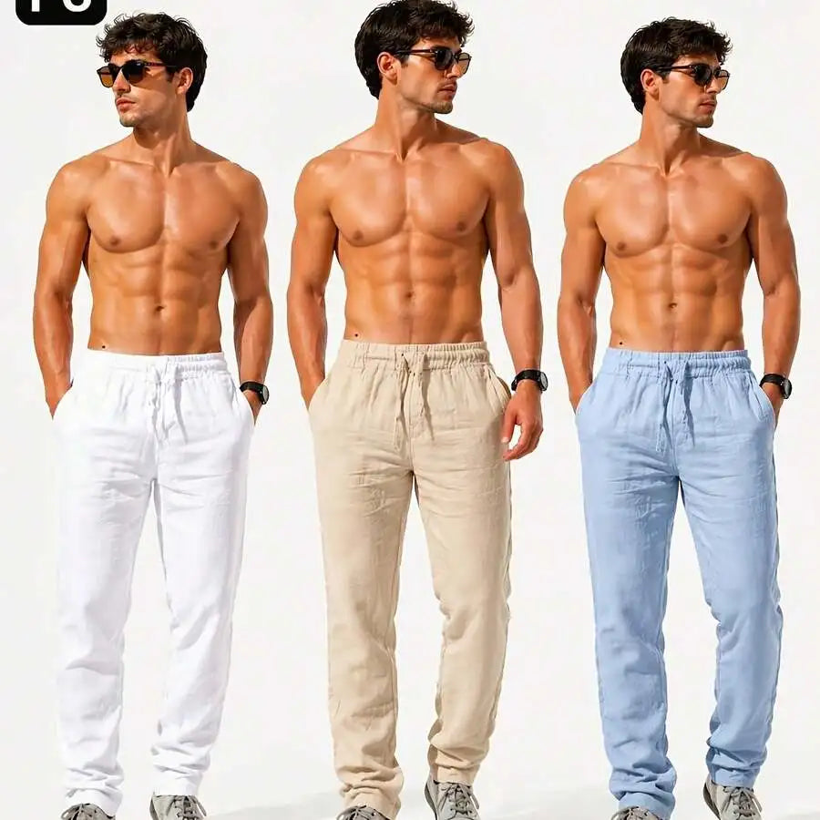 3pcs Men's Casual Summer Pants, Lightweight Breathable/Drawstring Trousers Loose Fit Solid Color Pants For Daily Wear