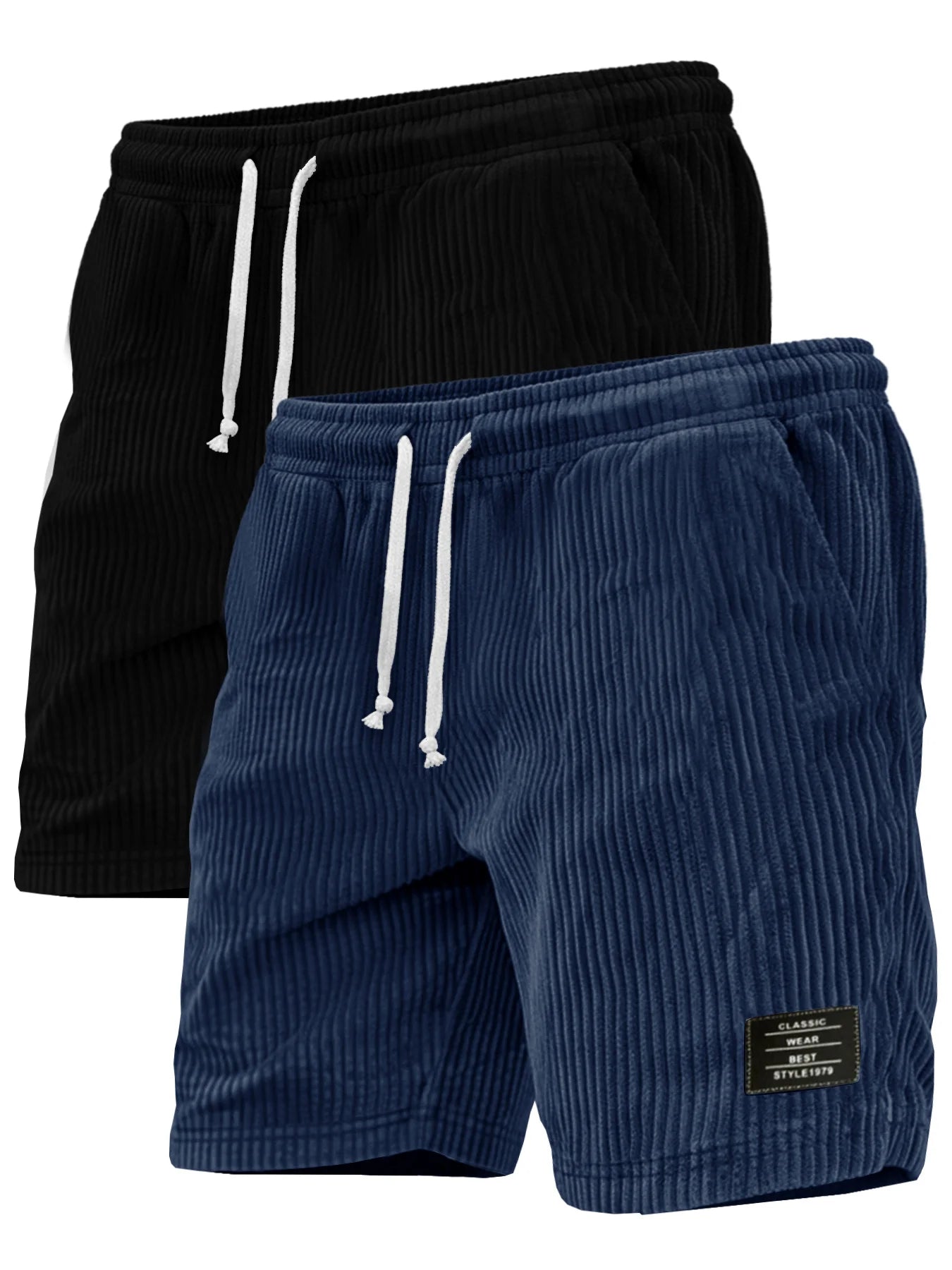 2-piece set of thick striped black label men's corduroy casual shorts/summer retro logo lace up loose sports five quarter pants