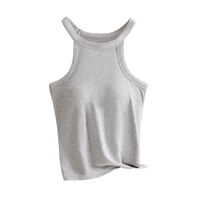 Threaded Halter Neck Camisole Top With Build-in Bra High Elastic/Slim-fitting Sling Fixed Cup Breathable Women Tank top