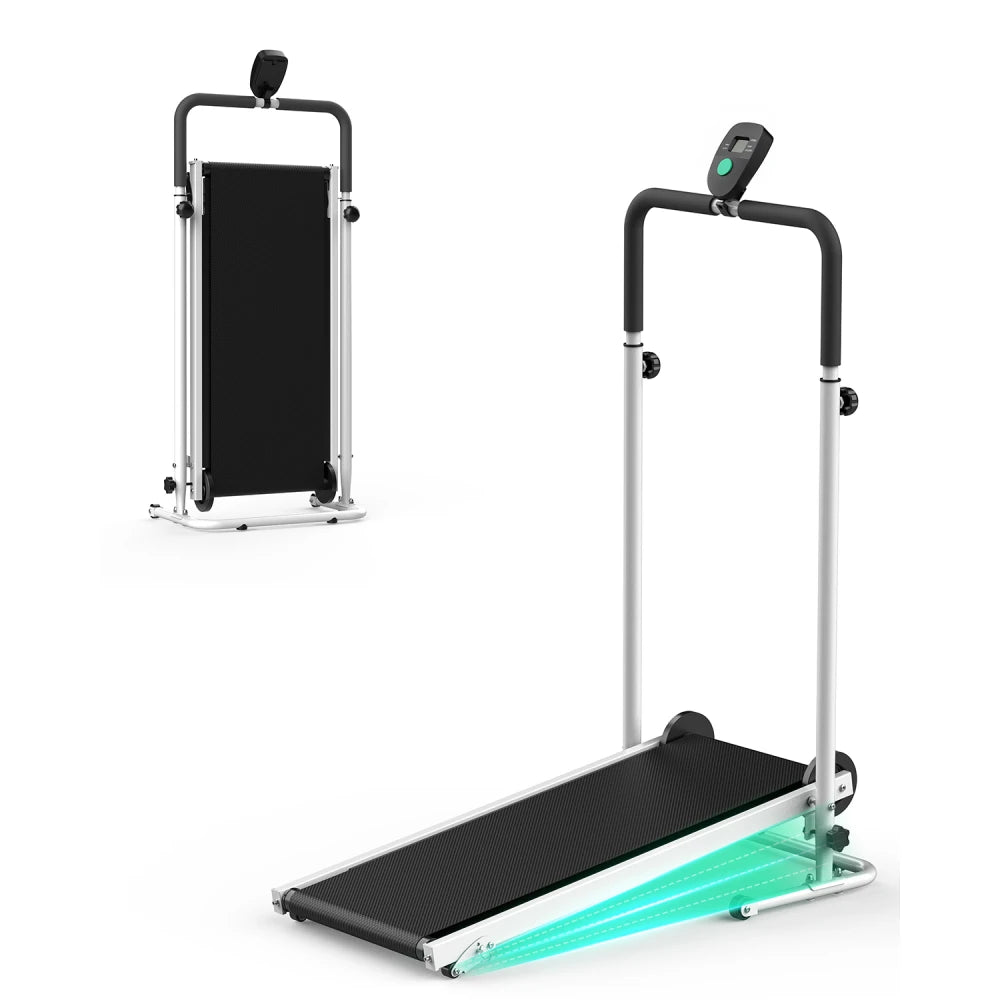 AKLUER Foldable Compact Non-Electric Treadmill/Dual Flywheel & Fixed Incline LCD Monitor, Non-Slip Belt, Soft Foam Grips for Home Gym