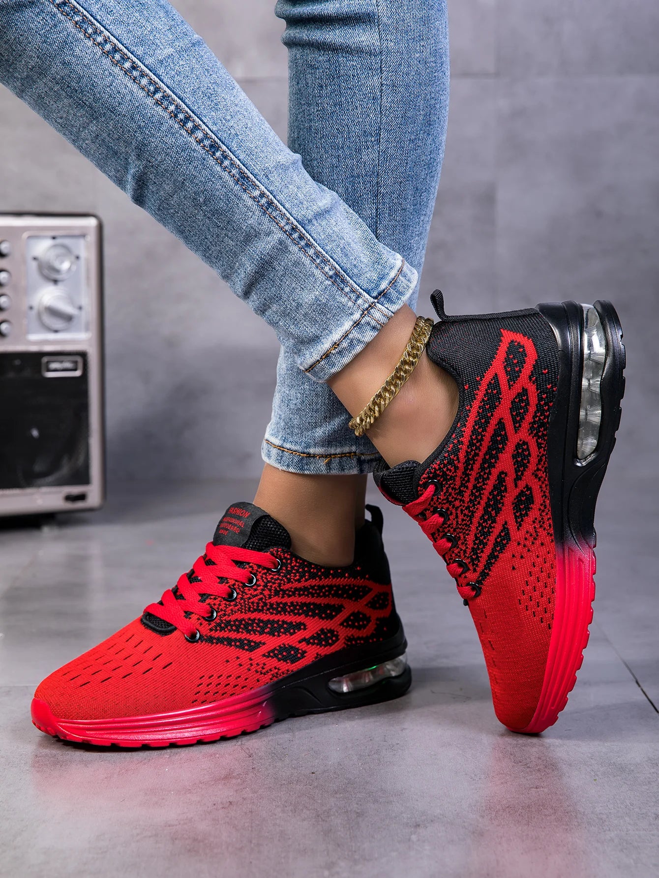 Women Air Cushion Running Sneakers Breathable Knit Mesh Shock Absorbing/Non Slip Lightweight Lace Up Sports Shoes Outdoor Walking Shoes
