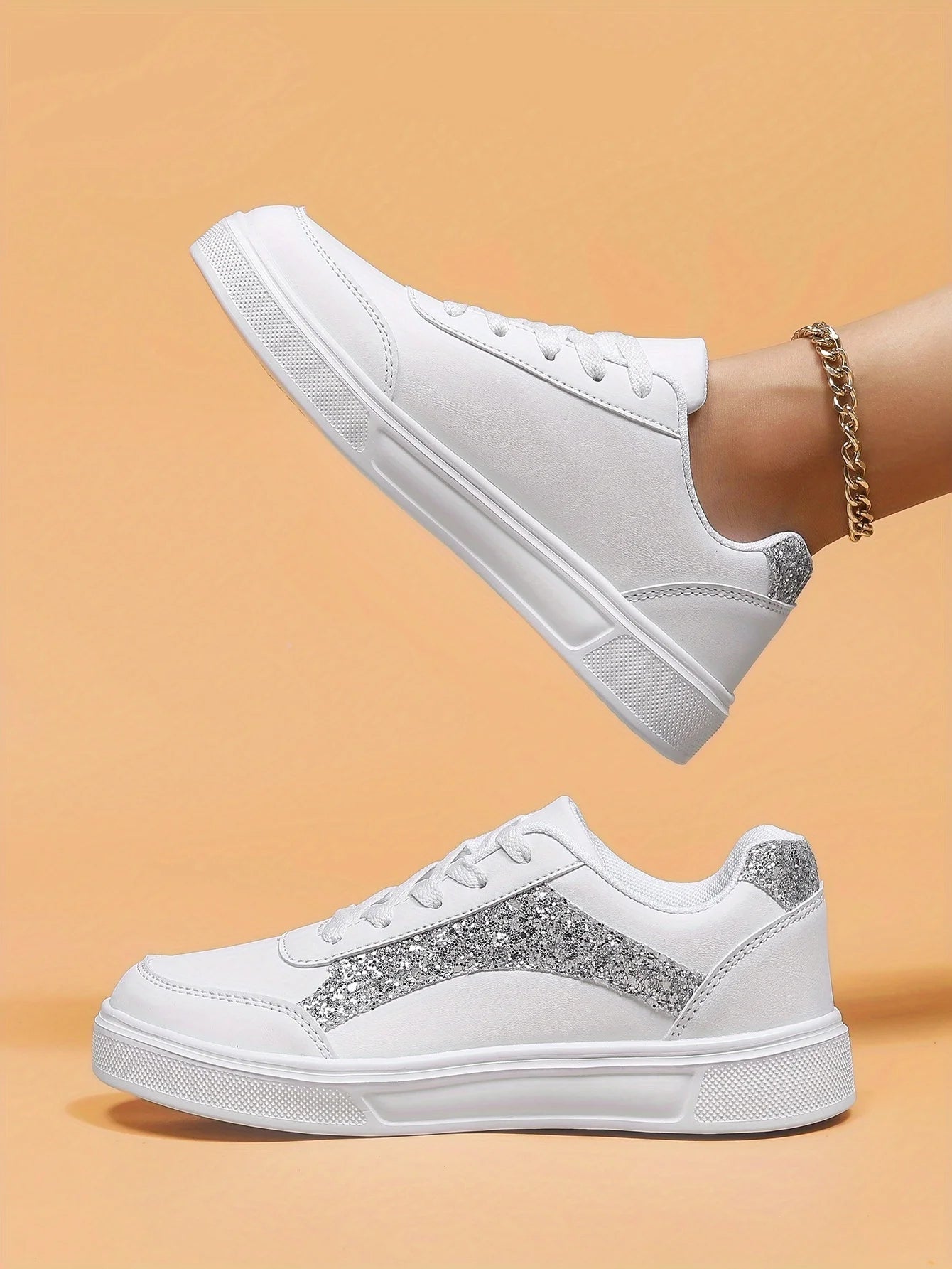 Women's Low-top Casual Sneakers, Sequin Trendy Lightweight Flat Shoes/Breathable Upper Comfortable Fashionable