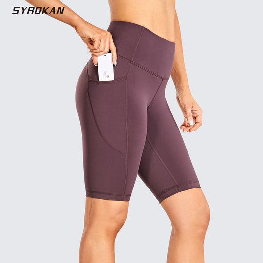 SYROKAN Women&#39;s High Waist Biker Shorts with Pockets