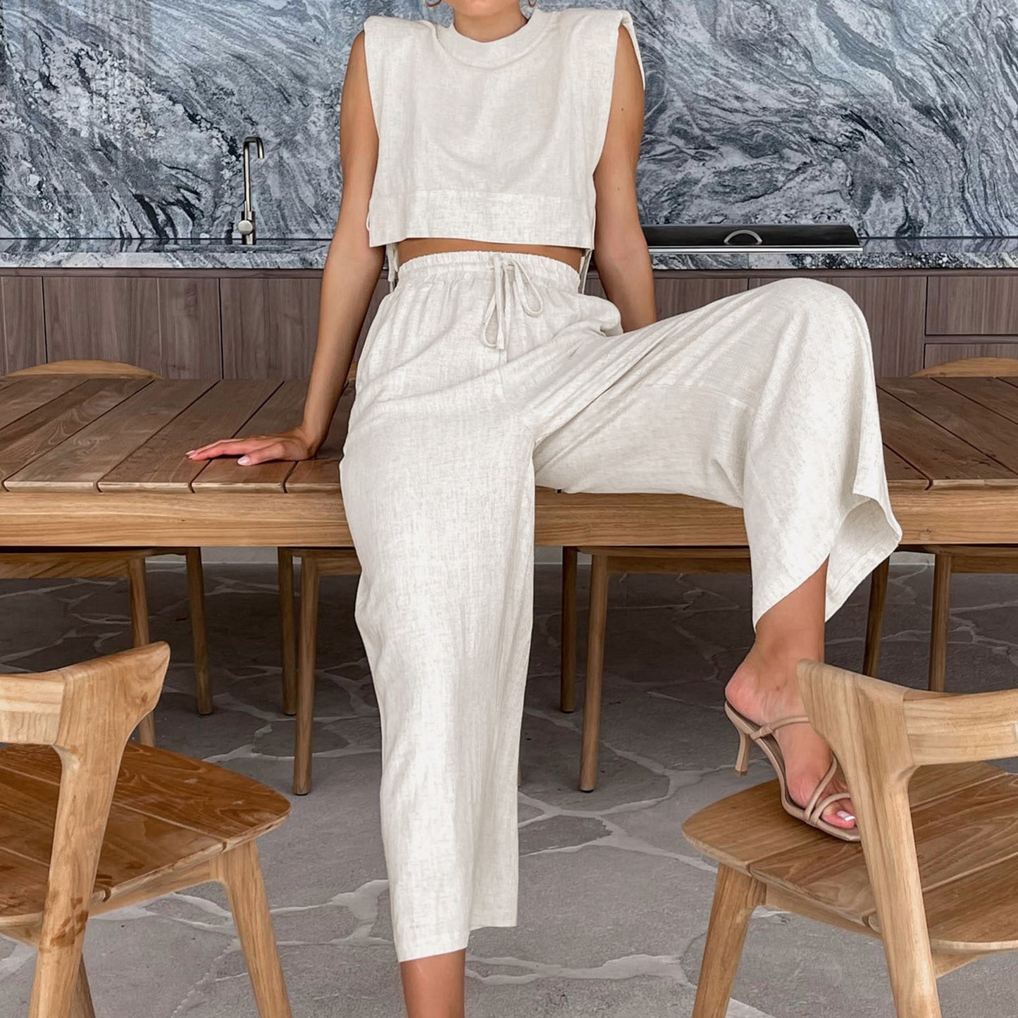 Women Cotton Linen Suits 2023 Elegant/Sleeveless Wide Leg Trousers Two Piece Set Female