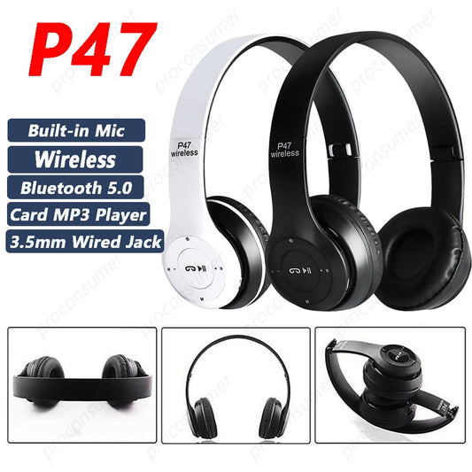 P47 Wireless Bluetooth Headset Over Ear/Earphone Built-in Mic Folding Earbuds Stereo